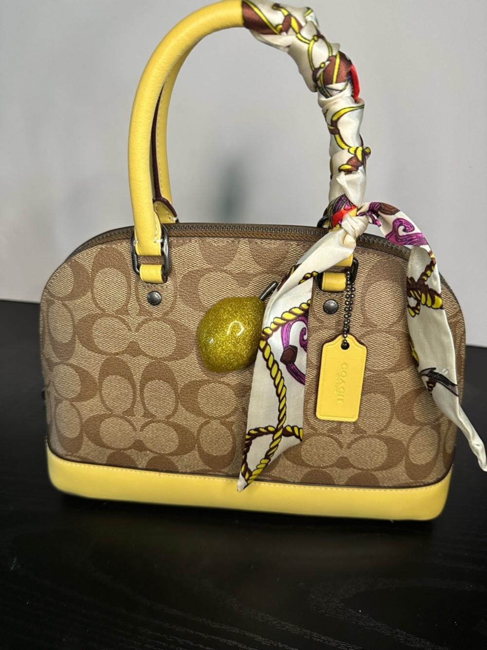 Coach Mini Sierra Signature Canvas & Smooth Yellow Leather Satchel Lemon Charm